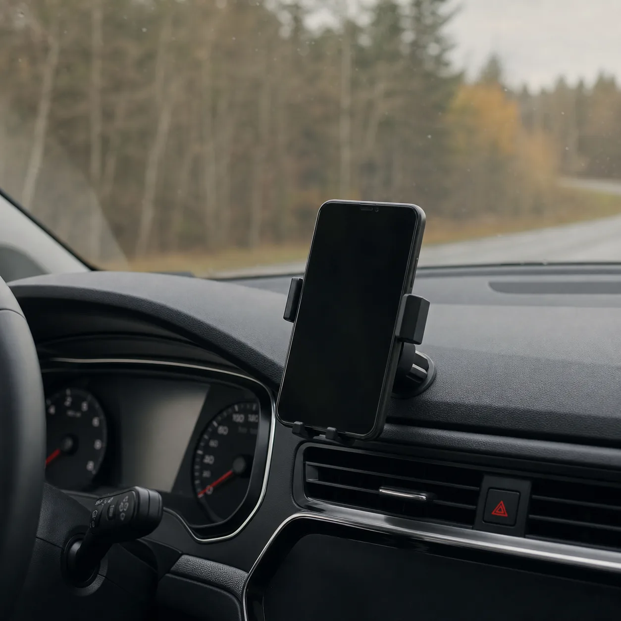 Mobiltelefon i bilhållare på instrumentbrädan under körning på svensk landsväg