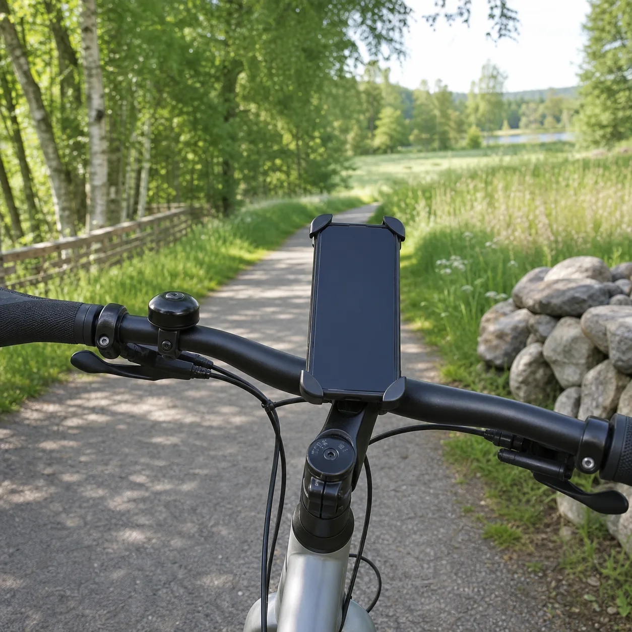 Mobiltelefon i cykelhållare på styret längs en svensk cykelväg