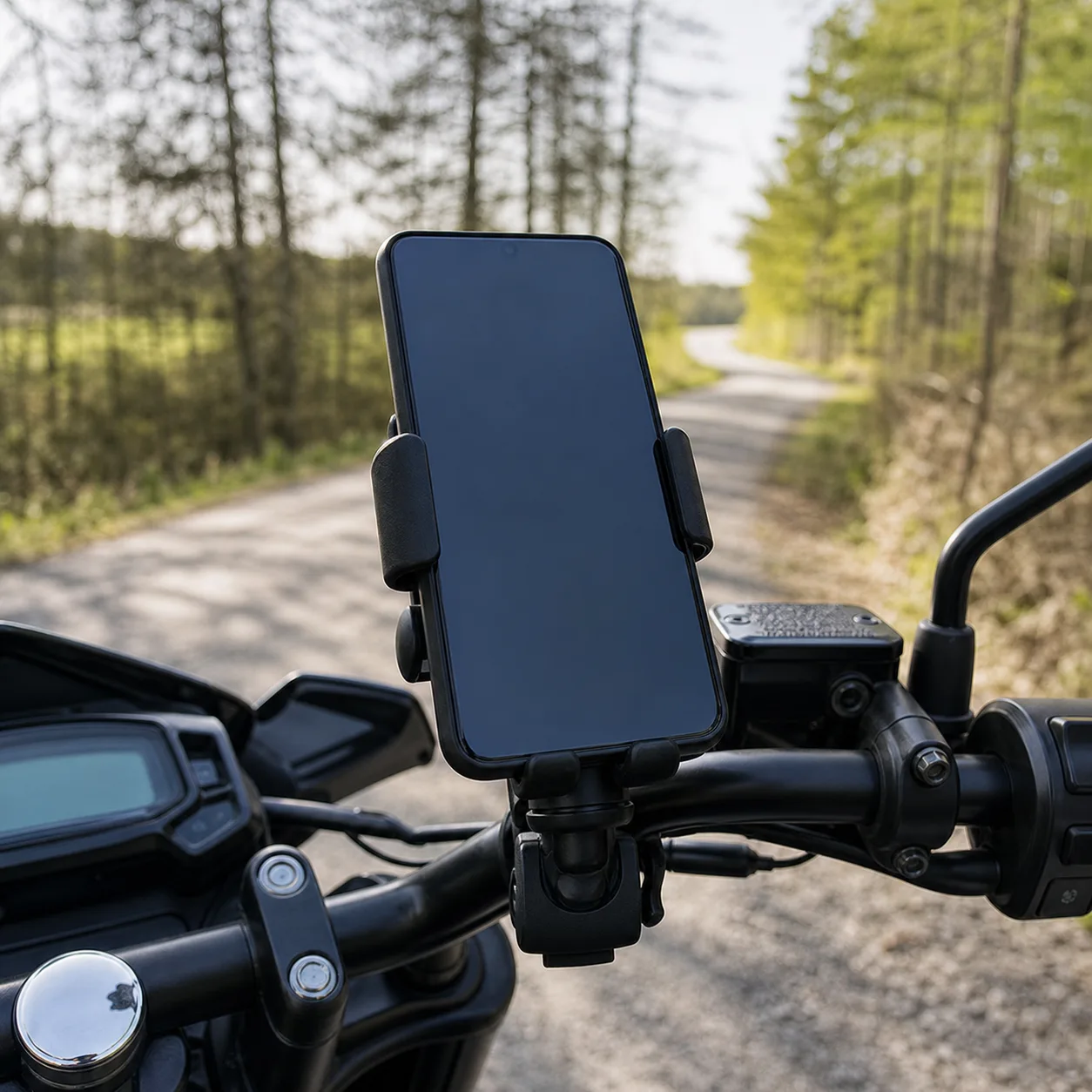 Mobiltelefon i motorcykelhållare på styret vid en svensk landsväg