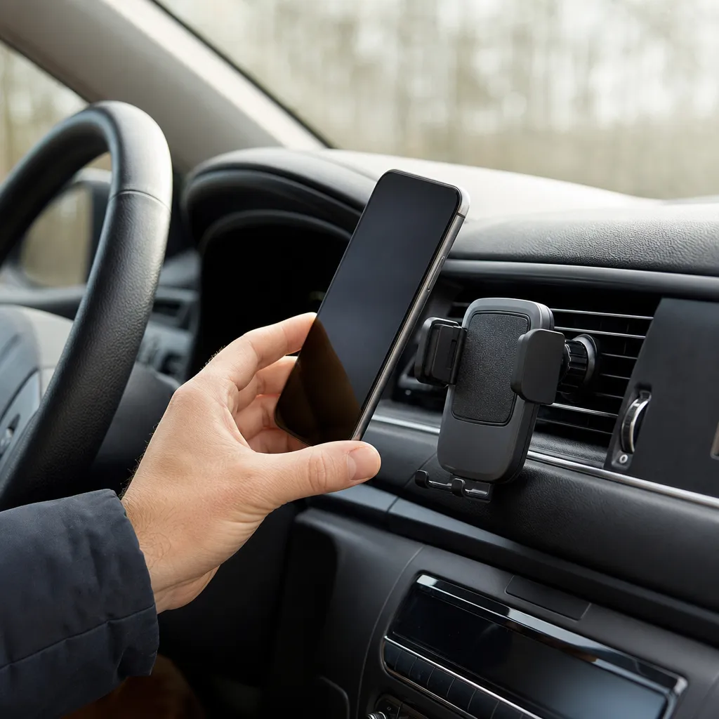 En hand placerar en mobiltelefon i ett ventilmonterat bilfäste i en neutral bilinredning
