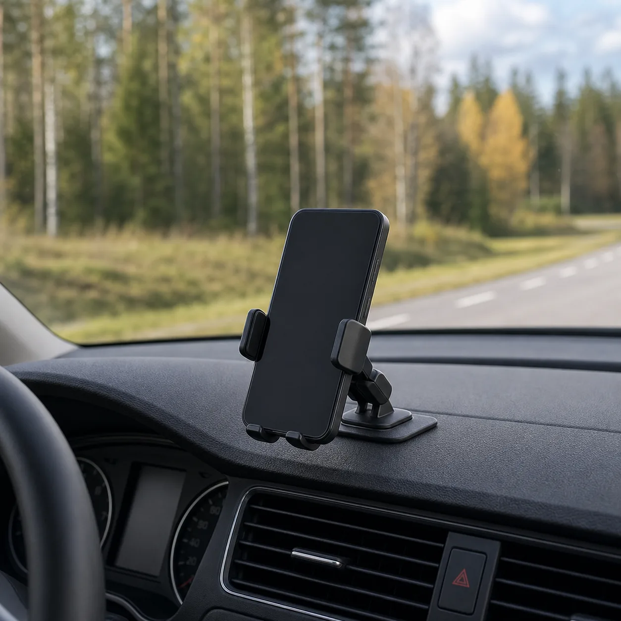 Mobiltelefon i hållare monterad lågt på bilens instrumentbräda