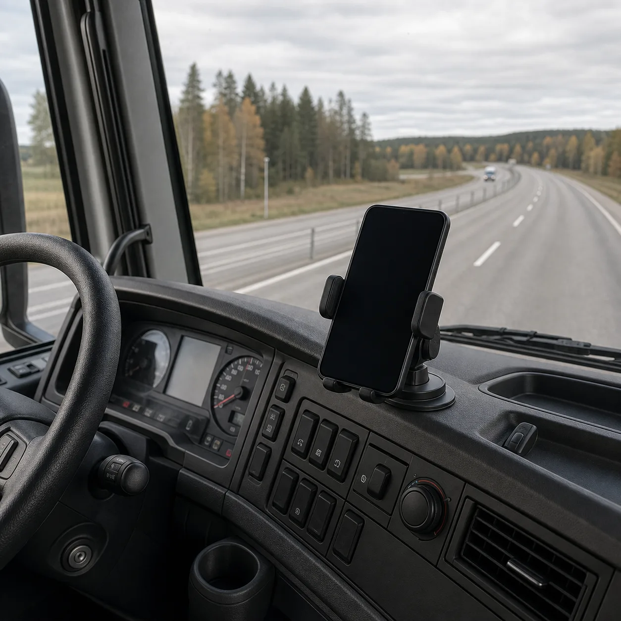 Robust mobilhållare i lastbilshytt med väg framför vindrutan