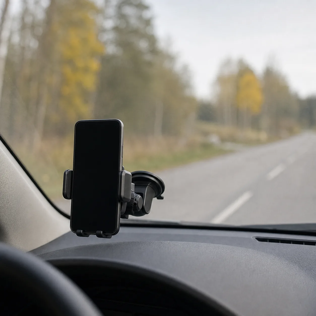 Mobiltelefon i sugproppshållare lågt på bilens vindruta