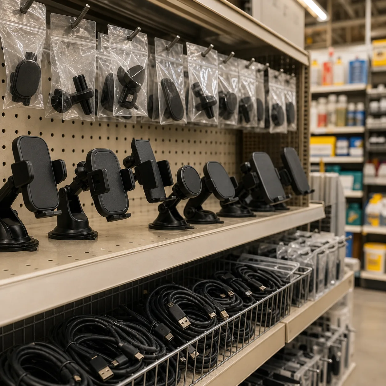 Butikshylla med enkla mobilhållare och laddkablar