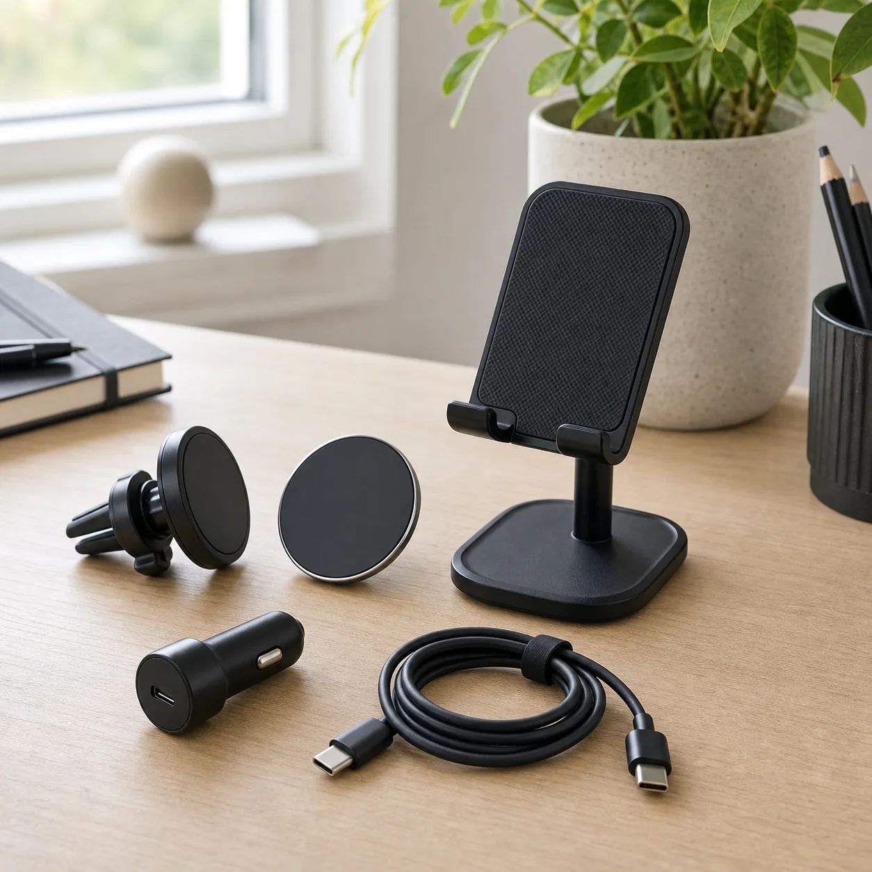 Prisvärda mobilhållare, magnetplatta och USB-C-kabel på skrivbord