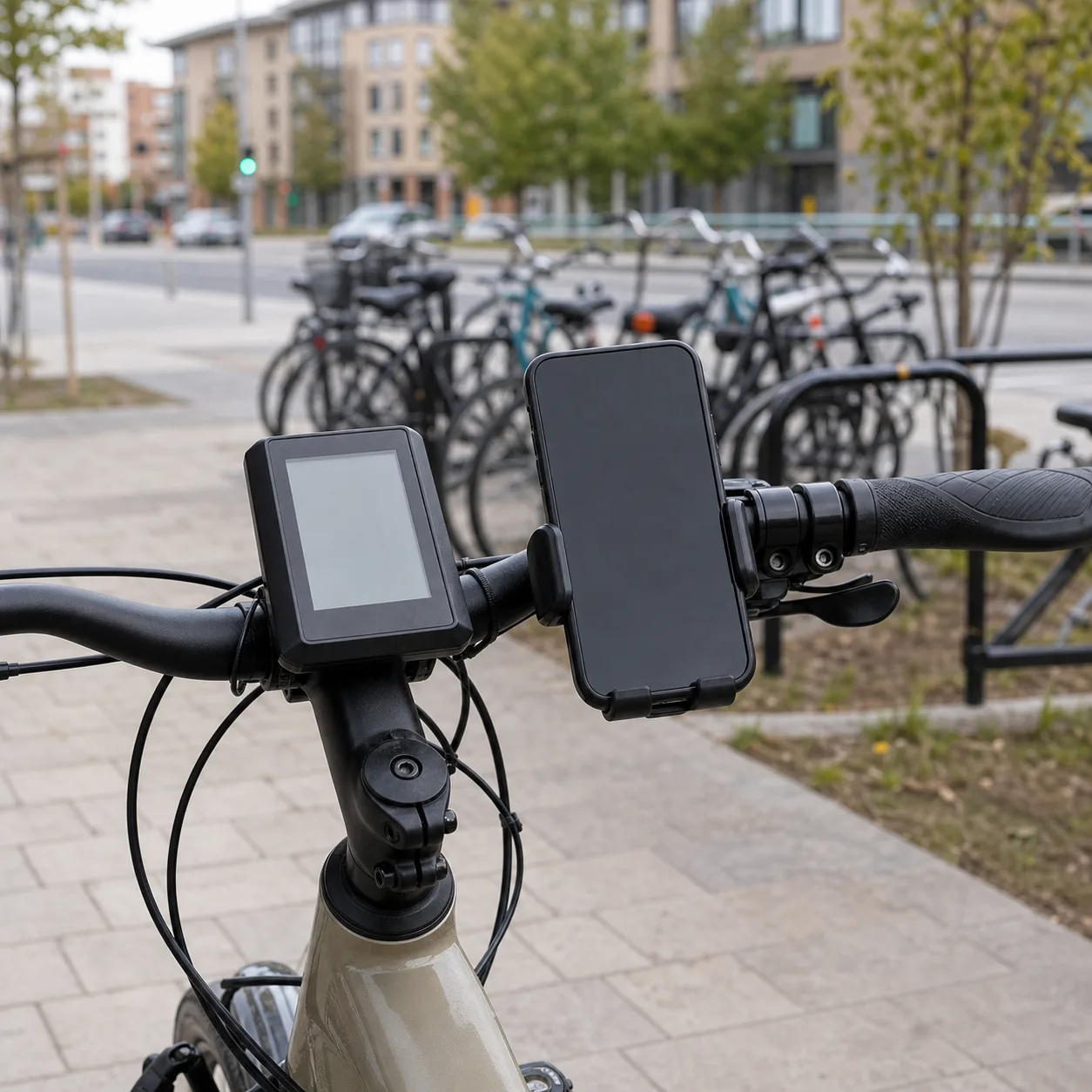 Mobilhållare bredvid display på elcykelstyre