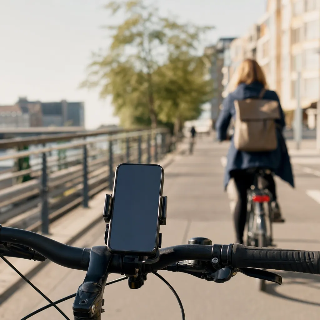 En mobiltelefon i ett fäste på ett cykelstyre med en svensk cykelbana i bakgrunden