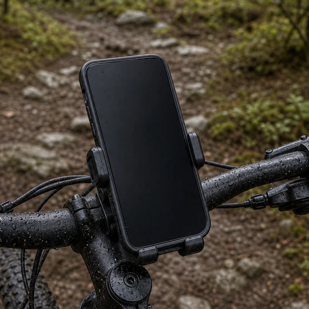 Mobiltelefon i robust hållare på mountainbike-styre vid stig
