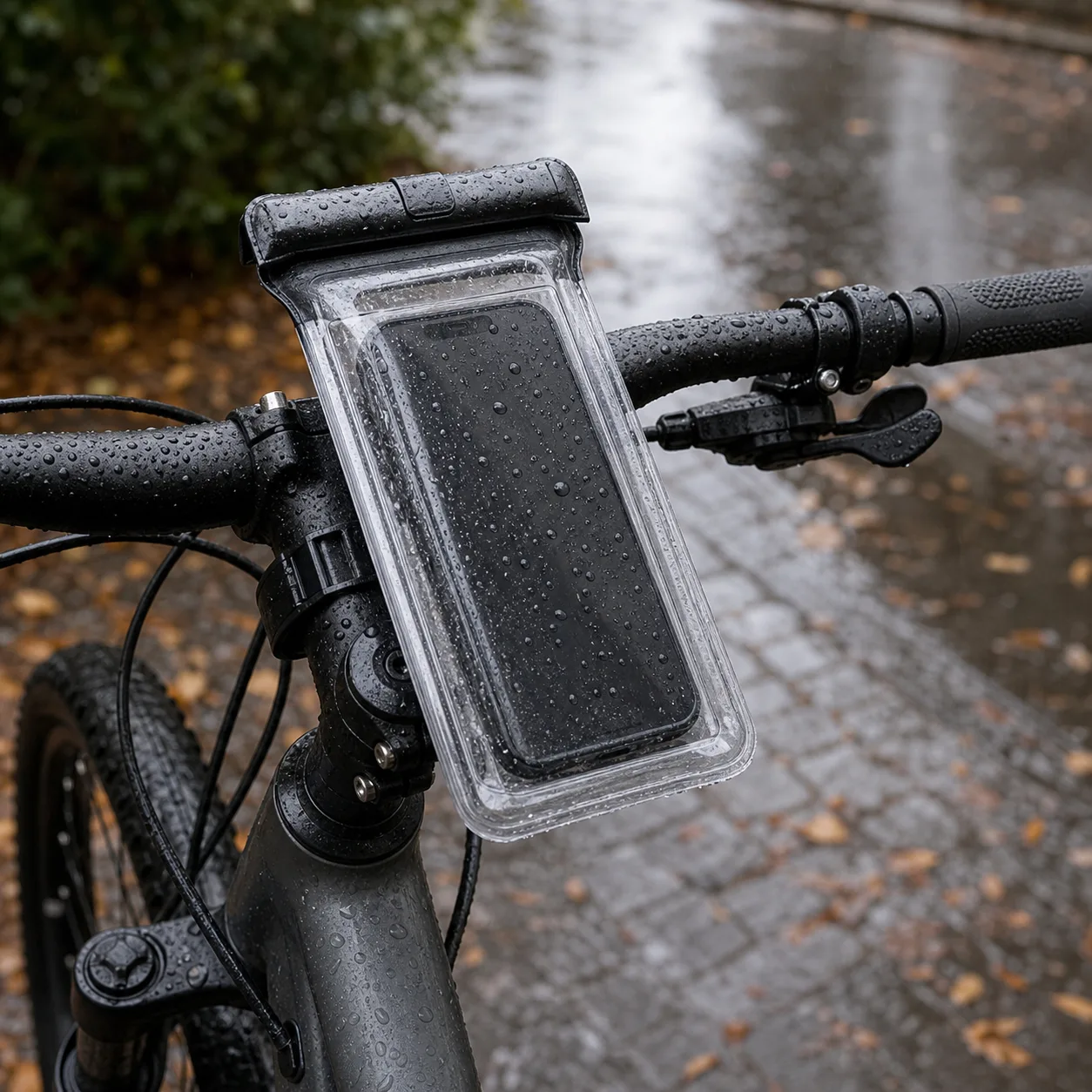Vattentätt mobilfodral monterat på vått cykelstyre