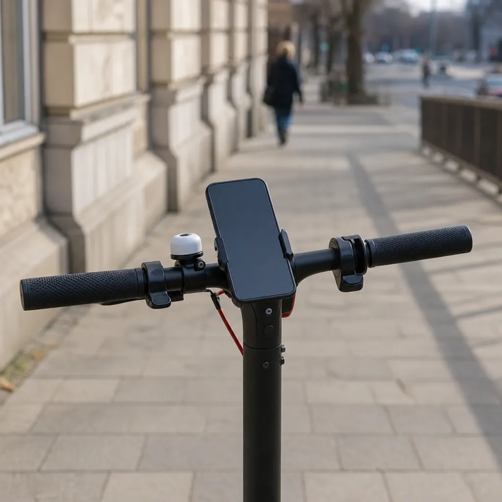 En mobiltelefon fastklämd på styrstammen på en elsparkcykel på en stadsgata