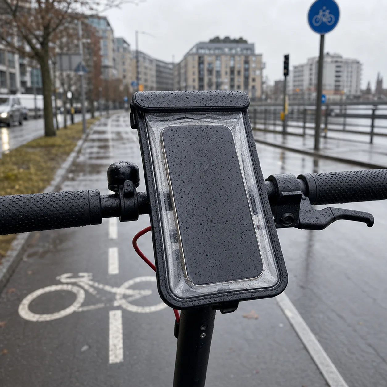 Vattentätt mobilfodral på elsparkcykelstyre i regn