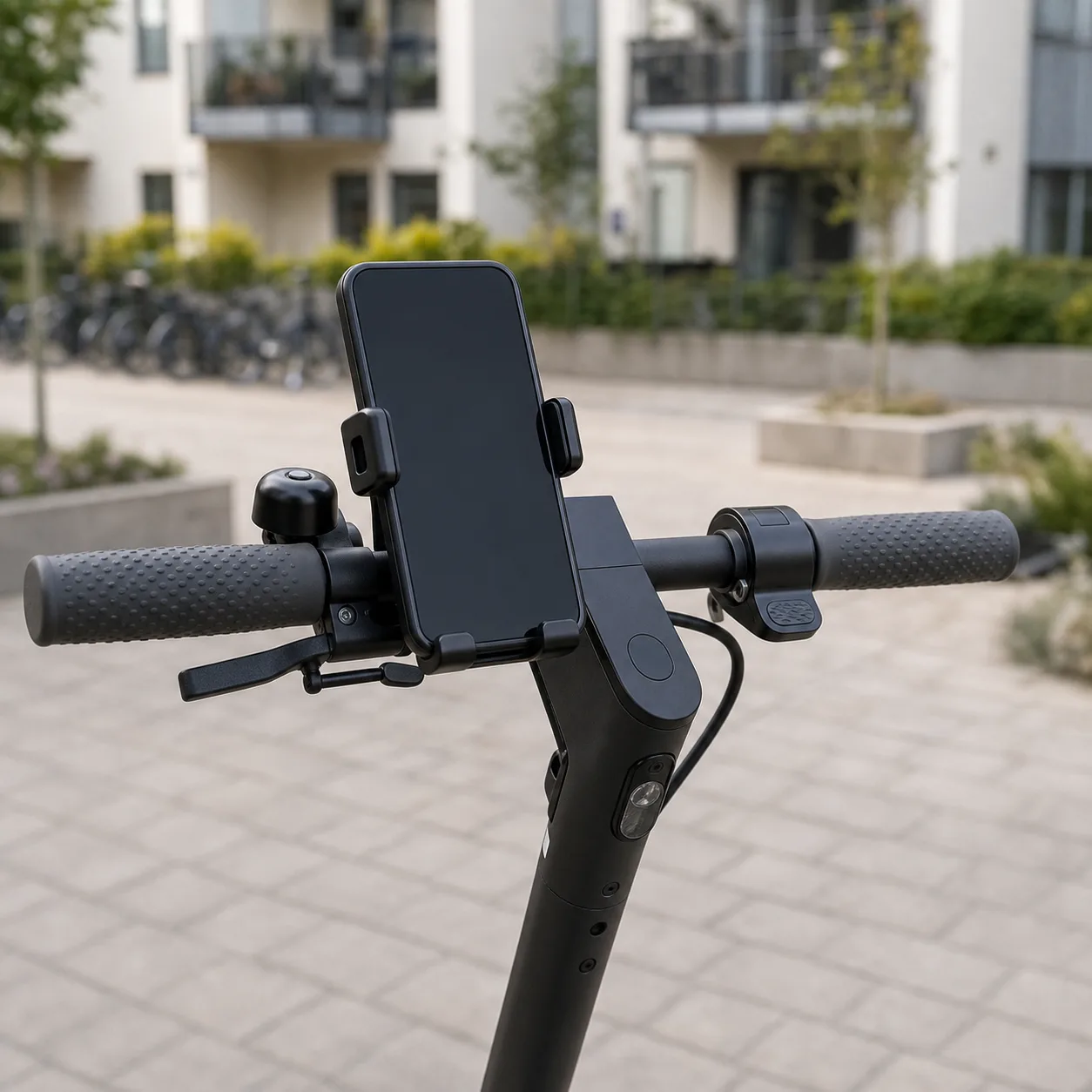Kompakt mobilhållare på smalt elsparkcykelstyre