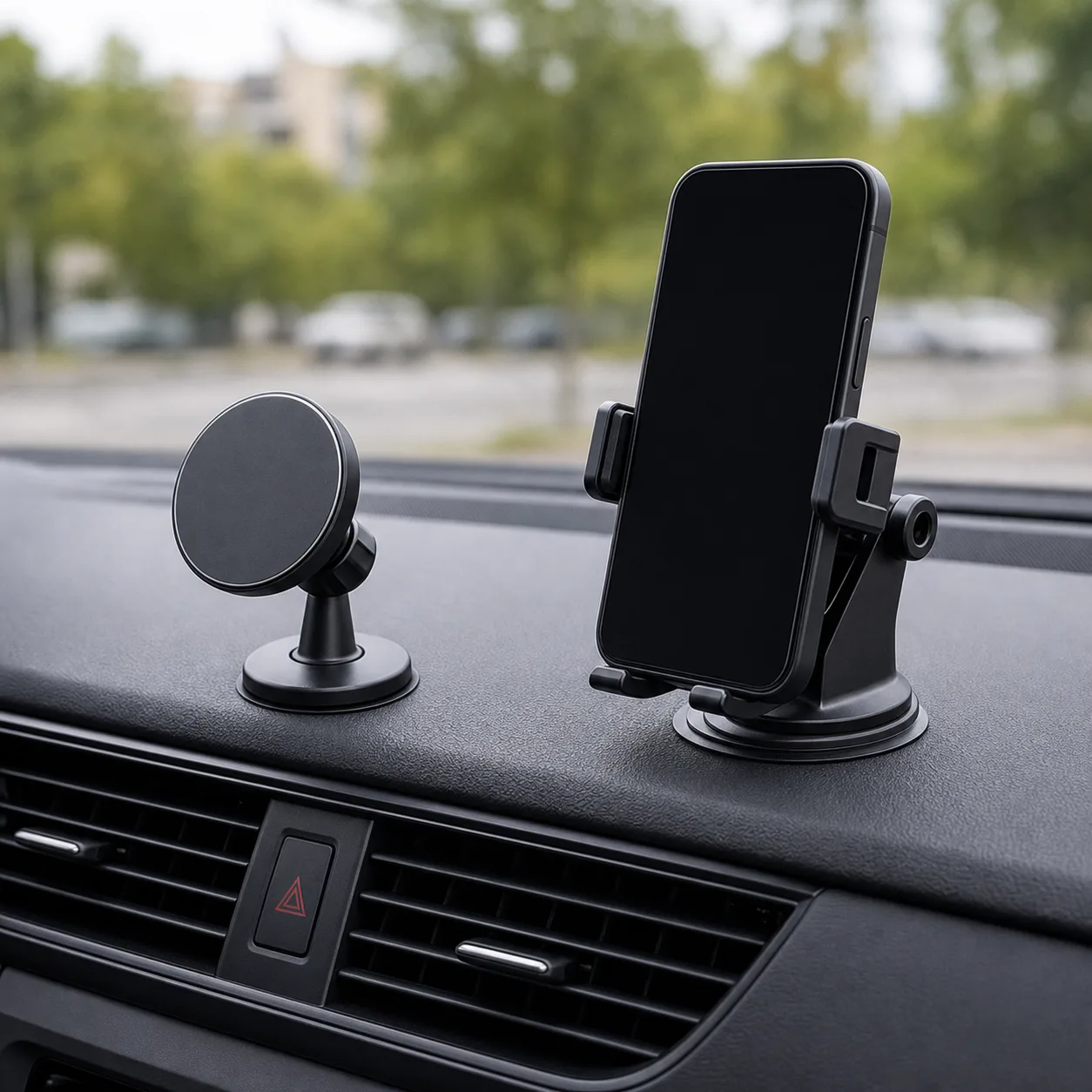 Magnetisk mobilhållare och mekanisk klämhållare sida vid sida på bilens instrumentbräda