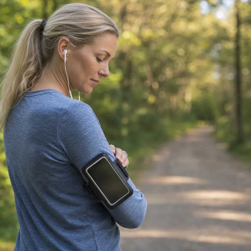 En mobiltelefon i ett löparmband på en löpares överarm på en parkstig