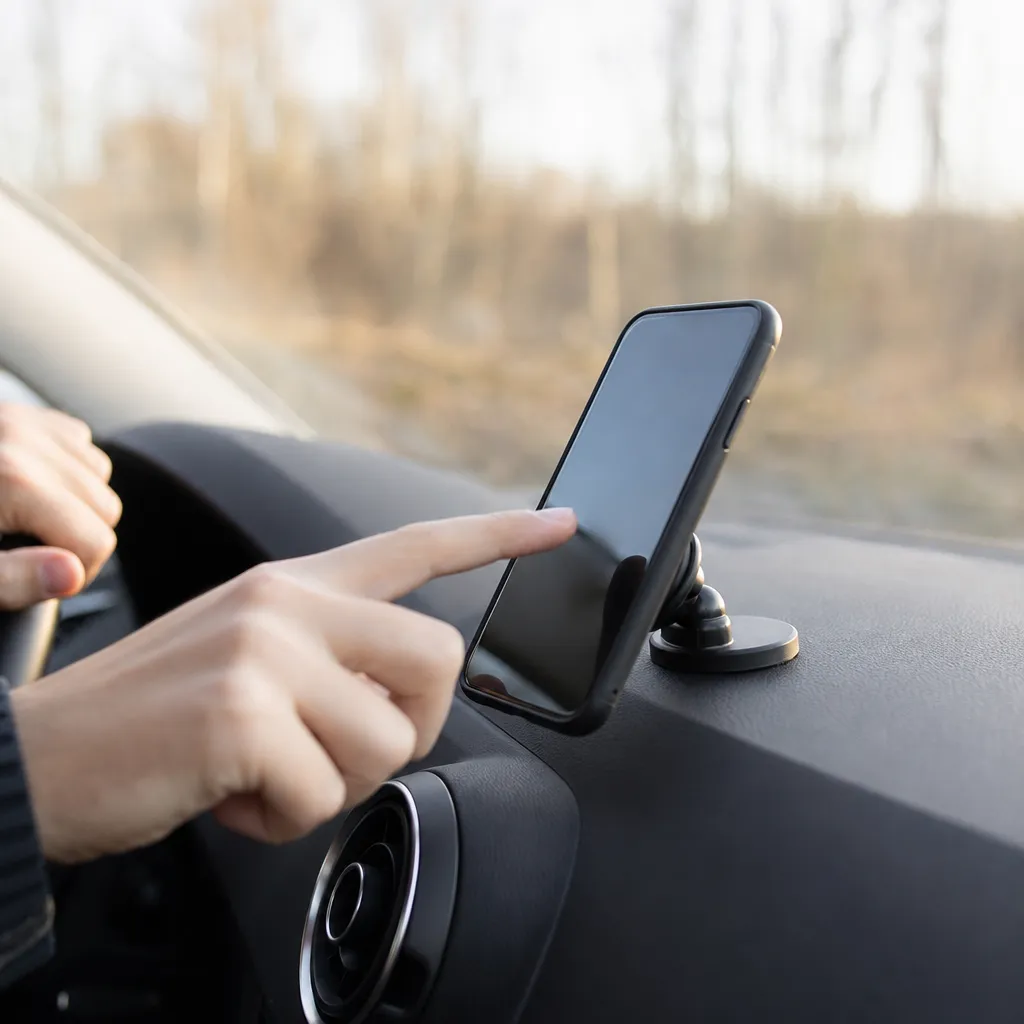 Närbild av en magnetisk mobilhållare som håller en mobiltelefon på en instrumentbräda