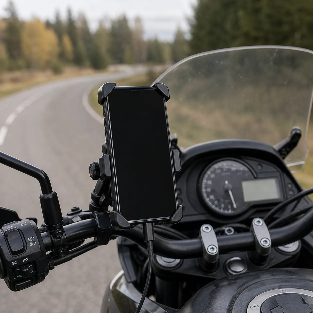 Mobiltelefon i laddande motorcykelhållare med kabel längs styret
