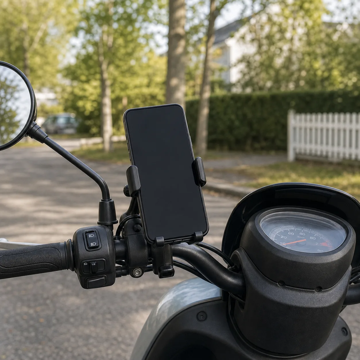 Mobiltelefon i kompakt hållare på mopedstyre