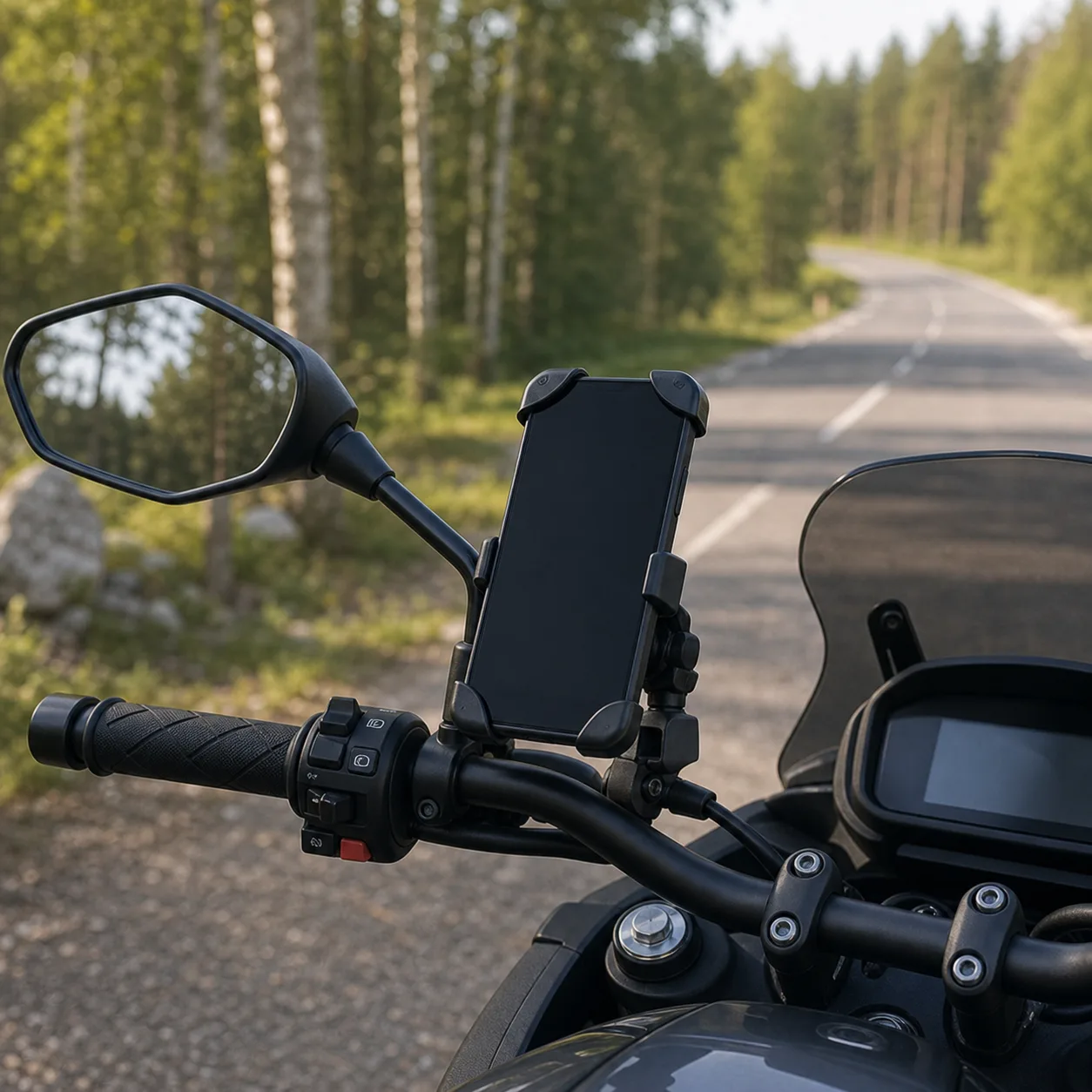 Mobilhållare på motorcykelstyre med backspegel intill