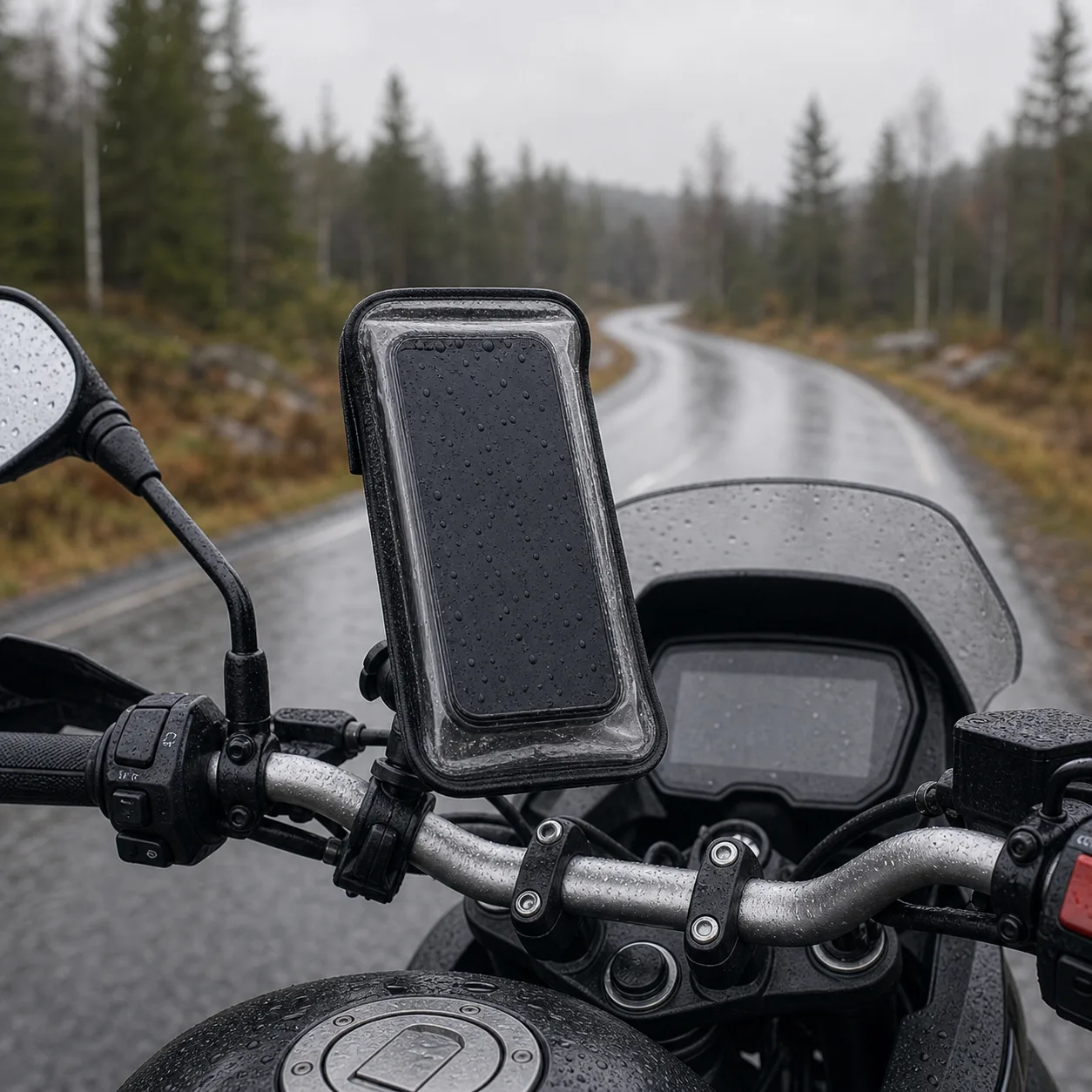 Mobiltelefon i regnskydd monterad på motorcykelstyre
