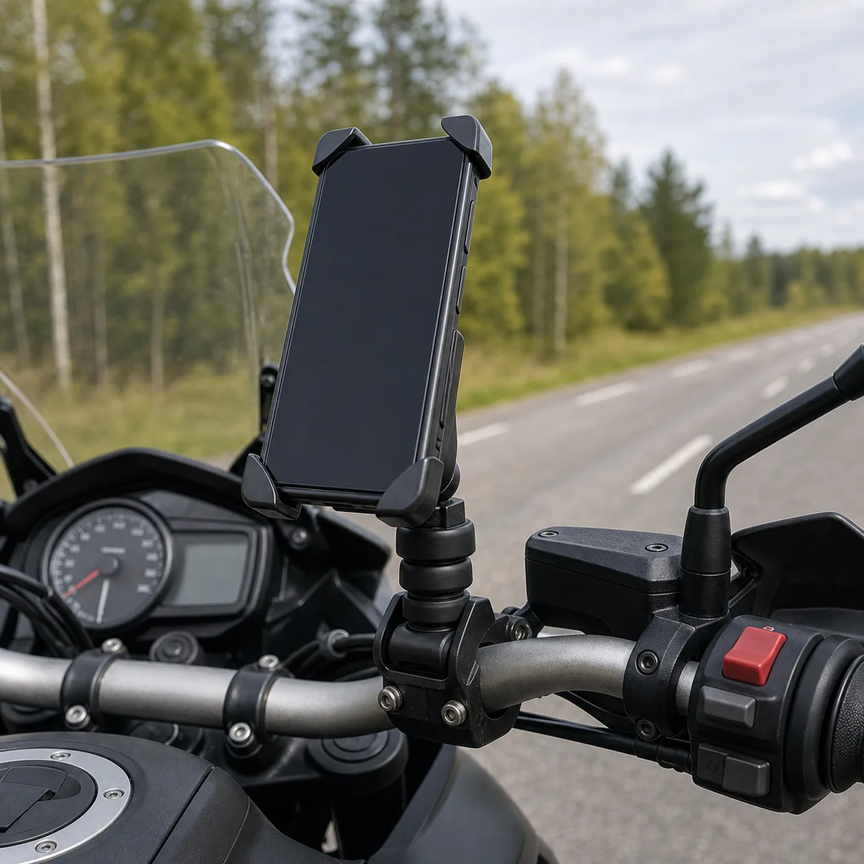 Vibrationsdämpande mellanled under mobilhållare på motorcykelstyre