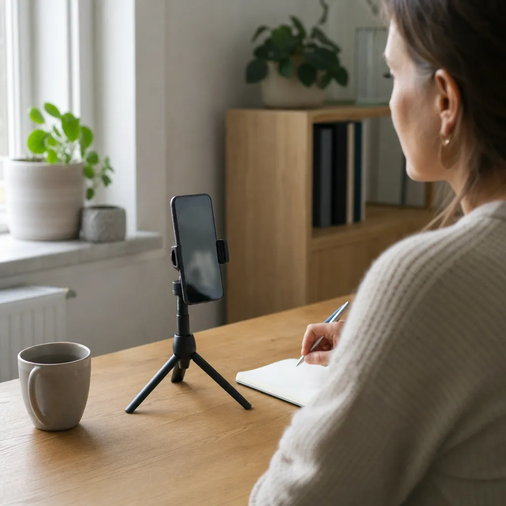 En mobiltelefon i ett litet bordsstativ på ett hemmakontorsskrivbord