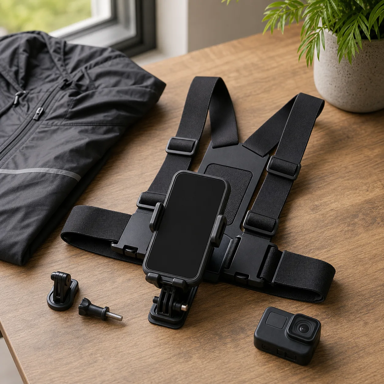 Bröstsele med mobilklämma och actionkameraadapter på bord