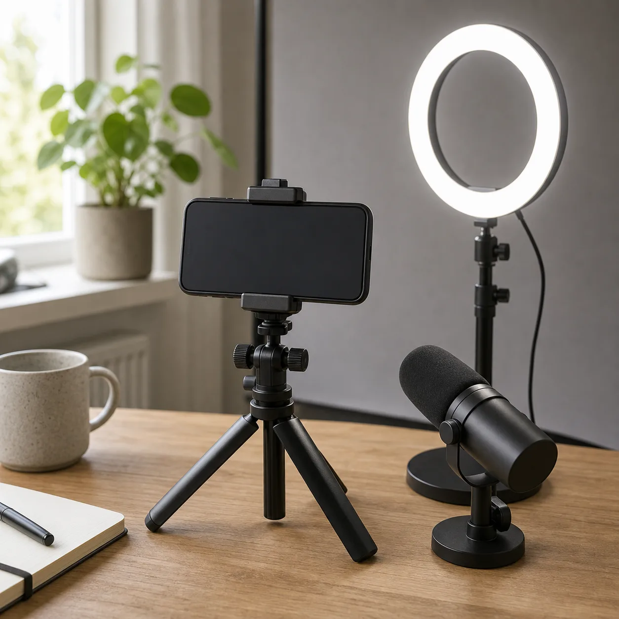 Mobiltelefon i tripod med ringlampa och mikrofon på skrivbord