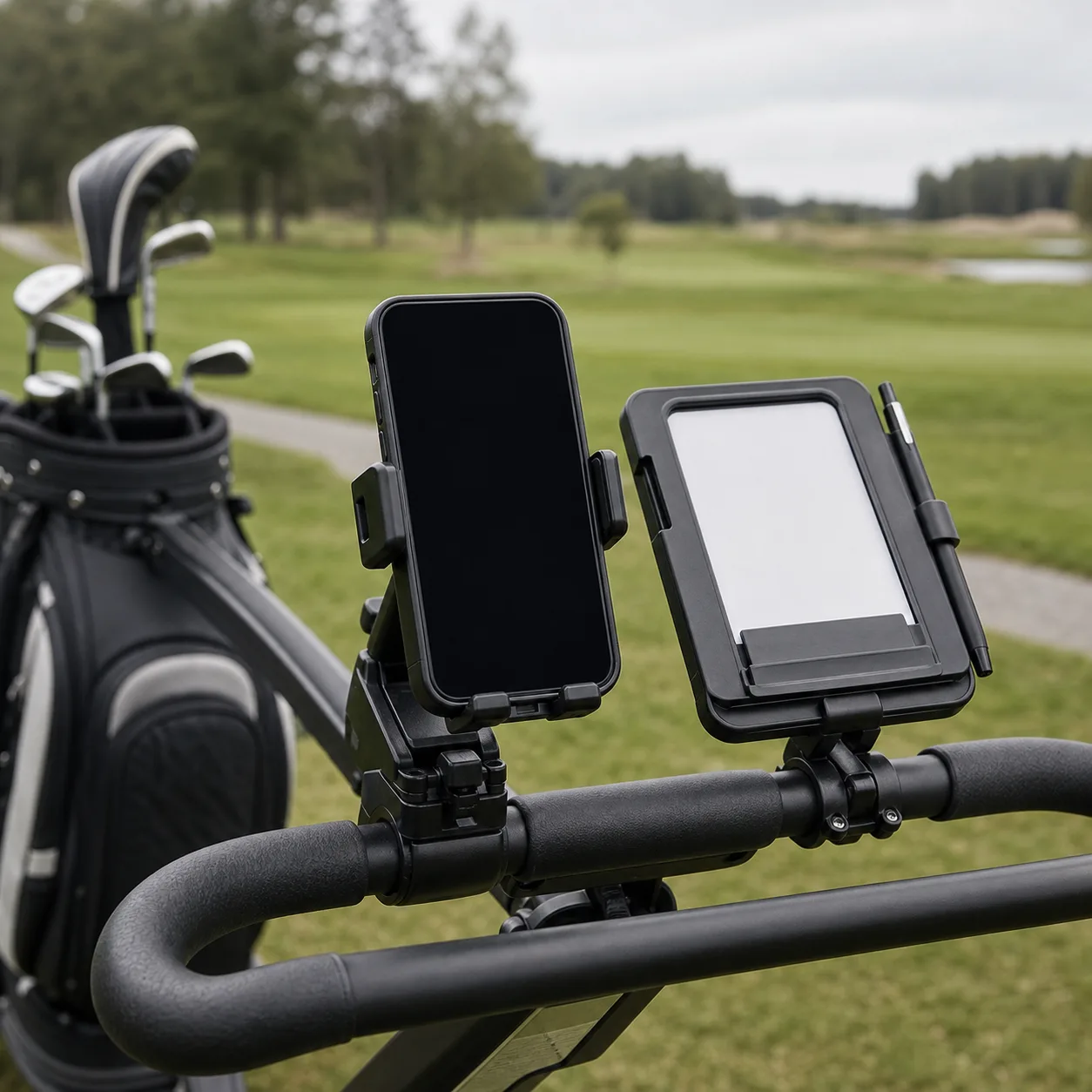 Mobilhållare monterad på golfvagnens handtag bredvid scorekortshållare