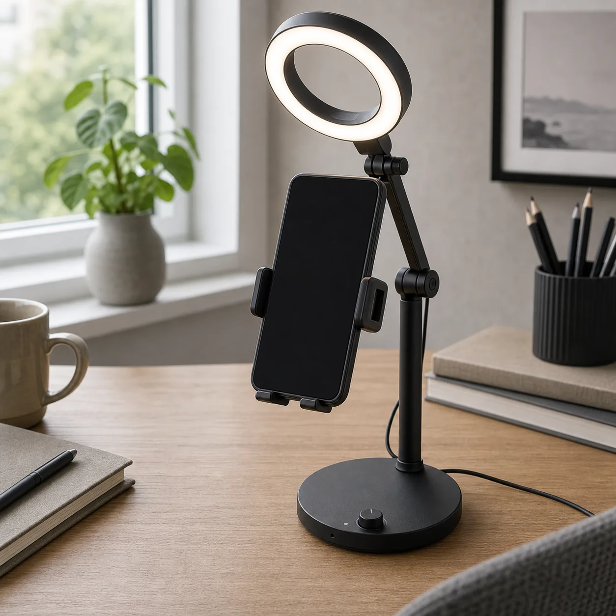 Mobilstativ med ringlampa på ett skrivbord