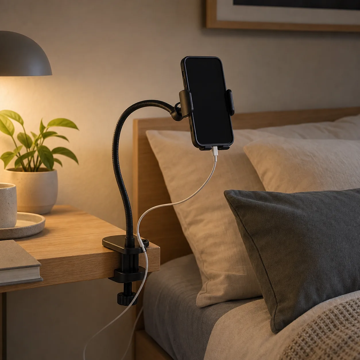 Flexibel gooseneck-hållare med mobil vid sängbord