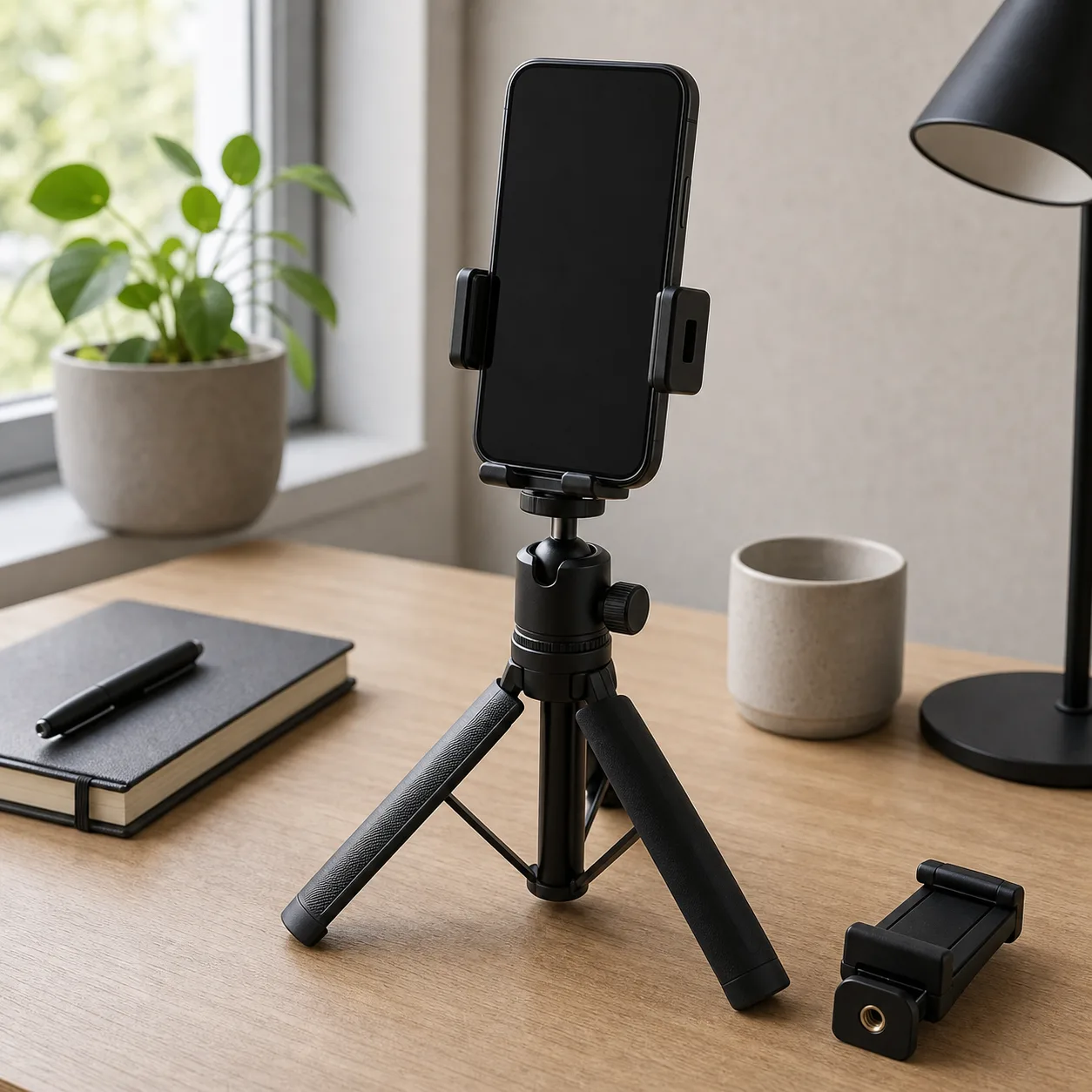 Mobiltelefon i kompakt tripod på skrivbord