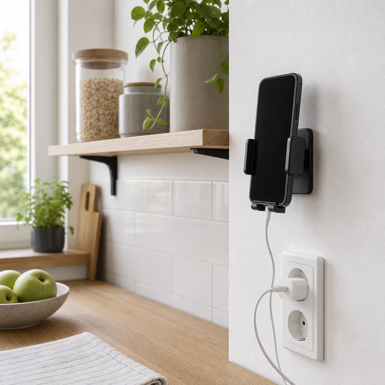 Väggmonterad mobilhållare med laddkabel vid köksuttag